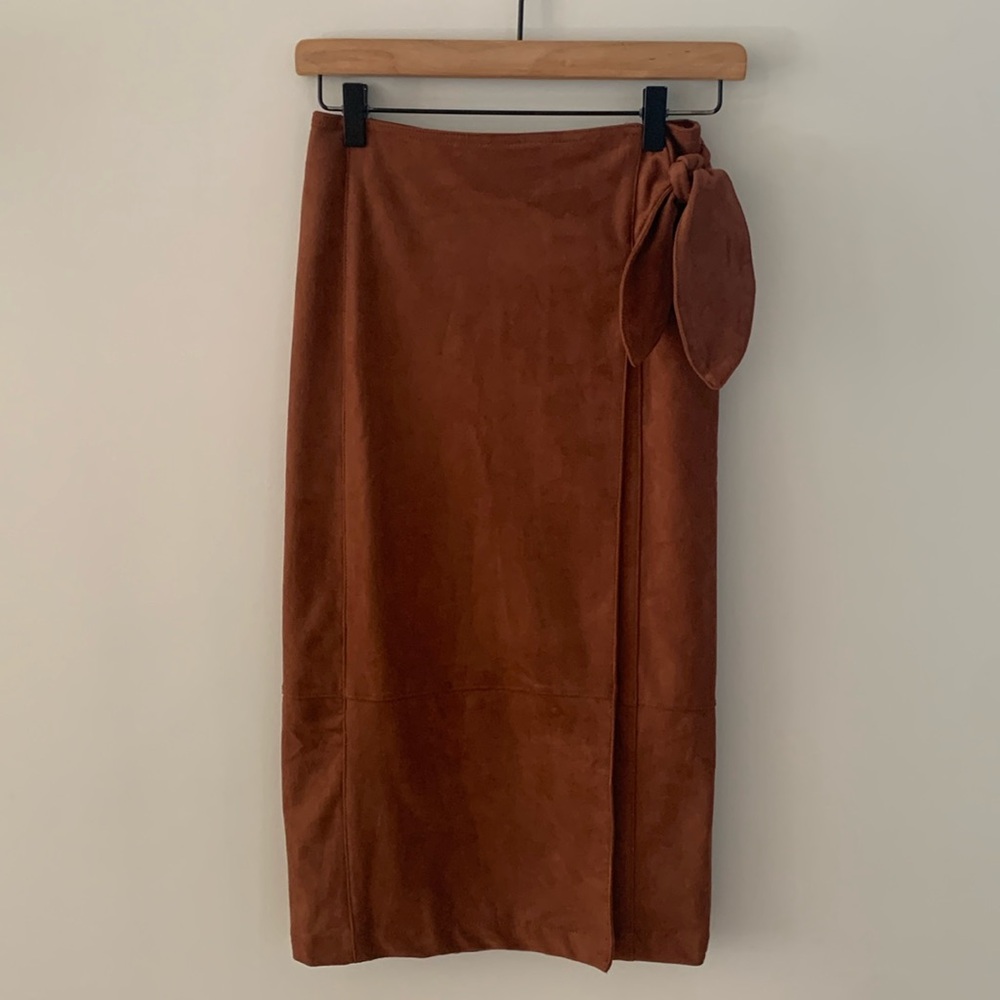 Anthropologie Lauren Faux Suede Wrap Tie Midi Skirt Brown Fall Thanksgiving